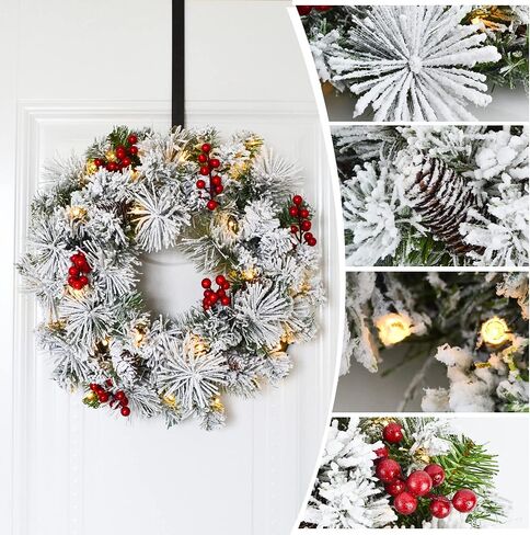 إكليل عيد الميلاد الاصطناعي من Joiedomi مقاس 20 بوصة مزود بمصابيح LED، مزين بتوت أحمر مقاس 15 بوصة ومخاريط الصنوبر وإبر الصنوبر لديكورات عيد الميلاد للباب الأمامي (تعمل بالبطارية) in Kuwait