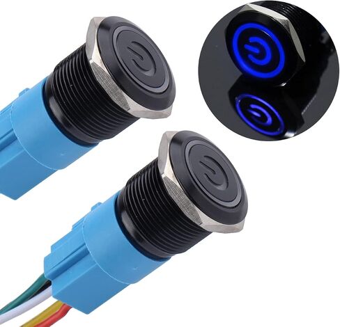 2PCS 19MM Momentary Push Button Switch 12V-24V 1NO 1NC Waterproof (ON)-Off Black Metal Shell Self-Reset with Pre-Wired Socket for 3/4" Mounting Hole (Power Symbol Blue LED) in Saudi Arabia