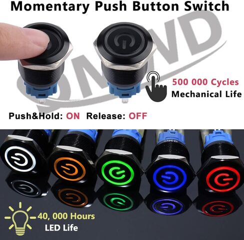 2PCS 19MM Momentary Push Button Switch 12V-24V 1NO 1NC Waterproof (ON)-Off Black Metal Shell Self-Reset with Pre-Wired Socket for 3/4" Mounting Hole (Power Symbol Blue LED) in Saudi Arabia