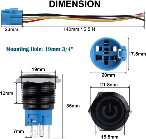 2PCS 19MM Momentary Push Button Switch 12V-24V 1NO 1NC Waterproof (ON)-Off Black Metal Shell Self-Reset with Pre-Wired Socket for 3/4" Mounting Hole (Power Symbol Blue LED) in Saudi Arabia