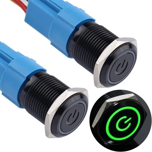 2PCS 19MM Momentary Push Button Switch 12V-24V 1NO 1NC Waterproof (ON)-Off Black Metal Shell Self-Reset with Pre-Wired Socket for 3/4" Mounting Hole (Power Symbol Blue LED) in Saudi Arabia