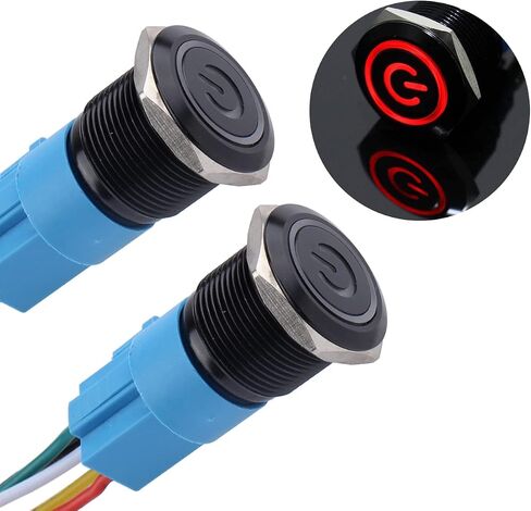 2PCS 19MM Momentary Push Button Switch 12V-24V 1NO 1NC Waterproof (ON)-Off Black Metal Shell Self-Reset with Pre-Wired Socket for 3/4" Mounting Hole (Power Symbol Blue LED) in Saudi Arabia