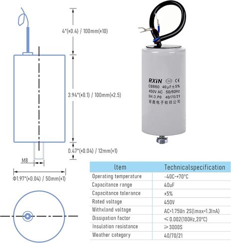 CBB60 Run Capacitor 50uF 450V AC 2 Wires 50/60Hz Cylinder 50x100mm (DXL) with Terminal, with M8 Fixing Stud for Washing Machine Air Compressor Water Pump Motor Refrigerators in Saudi Arabia