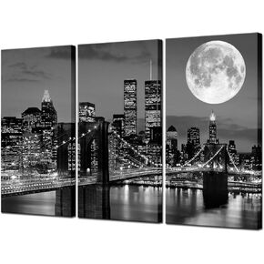 Biuteawal New York Skyline Wall Art Brooklyn Bridge Moon Night View Picture Canvas Print Black and White City Artwork Painting Modern Home Office Living Room Decoration