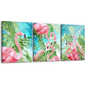RUISHI Canvas Wall Art 3 Pieces Flamingo Wall Art Boho Decor for Bedroom Animal Picture Palm Green Tropical Plant Canvas Prints Framed Posters Hanging Artwok for Living Room Decoration