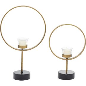 Deco 79 Contemporary Metal Round Candle Holder, Set of 2 15", 11"H, Gold