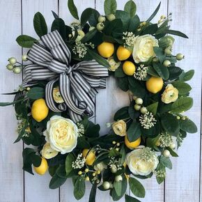 Summer Yellow Lemon Roses Wreath, Yellow Peony White Hydrangea Green Leaves Wreath, Front Door Artificial Spring Flowers Greenery Wreath Rustic Farmhouse Door Wreath(#1)