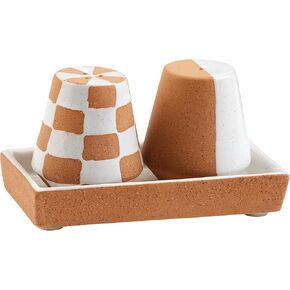 Mud Pie Terracotta S And P Set; Shaker 2 1/2" X 2 1/4" Dia | Tray _" X 5", Brown