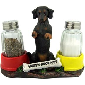 Dachshund Delight Salt & Pepper Shaker Holder, Hot and Spicy Tabletop Decor, 6 Inches