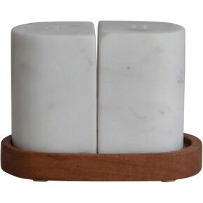 Bloomingville Minimalist Marble Acacia Wood Tray, White and Natural, Set of 3 Pieces Salt and Pepper Shakers