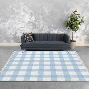 Boho Rug Baby Blue Gingham Plaid Seamless Buffalo Check Surface Design Area Woven Rug with Tassels Patio Mat Carpet Minimalist Home Decor Outdoor Living Room Bedroom Playroom Nursery Rug 5x8'