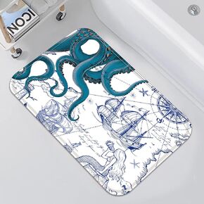 Vintage Nautical Octopus Bathroom Rugs Mat Navy Blue Ocean Kraken Mermaid Bath Rug Water Absorbent Non Slip Shower Mat Anchor Coastal Map Memory Foam Bath Mats for Bathroom Decor 24×16In