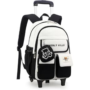 ZHANAO Color-blocking Rolling Backpack for Girls,Kawaii School Bag with Wheels,Trolley Bookbags for Primary Students