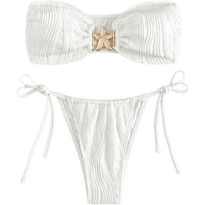 GORGLITTER Women's Strapless Bandeau Swimsuits High Cut Tie Side Thong Ring Bikini Sets Bathing Suits