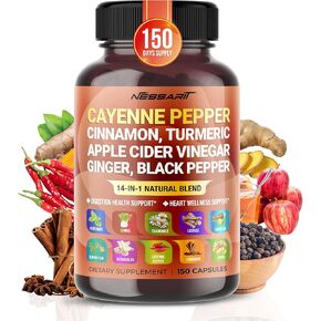 Cayenne Pepper 14,000mg Supplement - 14-in-1 Natural Blend with Cinnamon Turmeric Ginger Odorless Garlic Peppermint Fennel - 150 Count - Made & Tested in The USA