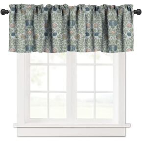 Ethnic Flower Valance Curtain, William Morris Vintage Original Design Boho Rustic Floral Print Thermal Insulation Short Window Curtain for Kitchen Living Room Cafe, 54x18inch