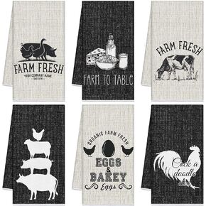 6 Pcs Farm Animal Theme Kitchen Towels Farmhouse Funny Dish Towel Rustic Hand Towels Rooster Cow Pig Decorative Tea Towels Absorbent with Hanging Loop for Kitchen Bathroom Housewarming Gift