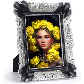 PETAFLOP 5x7 Vintage Picture Frame, Antique Photo Frames 7x5 with Silver Edge, Tabletop Wall Hanging, Black