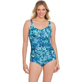 Penbrooke Shape Solver Women's Floral Frenzy Shirred Front Girl Leg Soft Cup One Piece Swimsuit