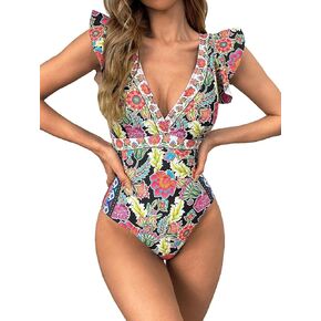 WDIRARA Women's Floral Print Deep V Neck Ruffle Trim Cap Sleeve One Piece Swimsuit Monokini