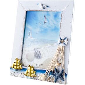 7 Inch Mediterranean Style Sailboat Photo Frame Wooden Desktop Picture Frame For Home Office Dorm Room Desk Decorations Fit For 5x7 Inch Photo (B)