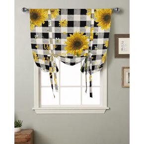 Rustic Kitchen Window Shades Tie Up Curtains, Yellow Sunflower Black Balloon Curtain Valances for Windows, Black and White Buffalo Plaid Vintage Country Farmhouse Valance Drapes for Cafe, Home 42"x45"