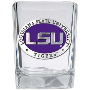 LSU Lousianna State University Square Shot Glass | Hand-Sculpted 1.5 Ounce Shot Glass | Intricately Crafted Metal Pewter Alma Mater Inlay