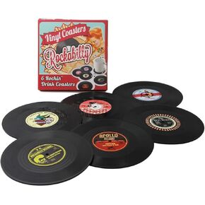 Coasters Set of 6 Colorful Retro Vinyl Record Disk Coaster for Drinks With Funny Labels - Desktop Protection Prevents Furniture - Drink Coasters