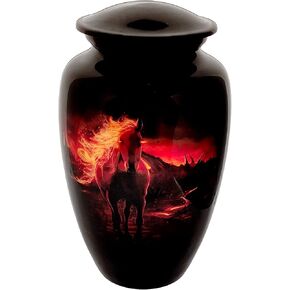 Cremation urn Memorial Container - with Lovely Horse and Fire Art Work. Large Size 26 cms high,