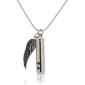 Cylinder with Paw Prints and Angel Wing Stainless Steel Cremation Urn Pendant with Chain-Silver