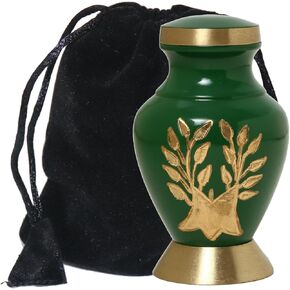 Tree of Life Engraved Green Small Keepsake Urn - Solid Brass Handcrafted Urn for Human Ashes - Funeral Ash Cremation Urn - Ash Container - Free Velvet Carry Bag and Paper Funnel