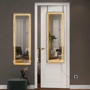 Door Mirror Full Length, 47"x16" LED Mirror Full Length, Diamond Mirror with Lights, Crystal Mirror Wall Mounted, LED Over The Door Full Body Mirror with Dimming & 3 Color Modes