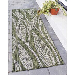 Unique Loom Outdoor Botanical Collection Area Rug - Leaf (2' x 6' 1" Runner, Green/ Ivory)