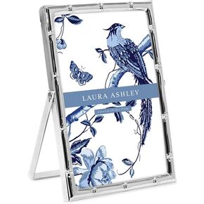 Laura Ashley 4x6 Silver Bamboo Metal Picture Frame (Vertical) with Pull-Out Easel Stand, Made for Tabletop, Counterspace, Shelf and Desk