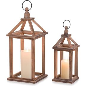 Romadedi Farmhouse Wood Candle Lantern - 12" / 16" Set of 2 Rustic Wooden Lanterns Decorative Candle Holder Home Decor Wedding Table Centerpiece Indoor Outdoor Fireplace Decorations, Brown