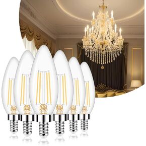 Honesorn Candelabra LED Bulb, E12 Small Light Bulbs 5000K Daylight Dimmable - 60W Equivalent Ceiling Fan Bulbs Type B Edison Filament Candle Bulbs, C35 B11 Clear Glass Chandelier Bulbs 600LM,Pack of 6