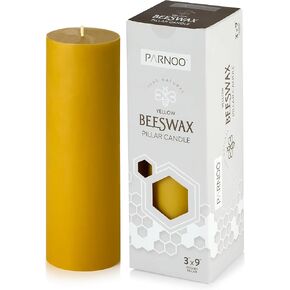 PARNOO 100% Natural Yellow Beeswax 3X6 Inch Pillar Candle, 70 Hours Burn time - Pack of 1 (Dripless and Smokless)