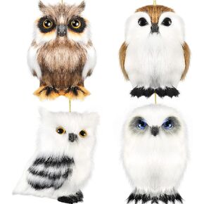 Threan 4 Pieces Hanging Owl White Christmas Ornaments Mini Plush Owl Ornament Christmas Assorted Owl Furry Owl Hanging Decor Christmas Tree Decorations for Christmas Party Home Decoration, 4 Styles