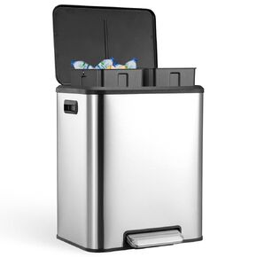 GlowSol Dual Trash Can for Recycling and Trash, 30 Liter 8 Gallon Stainless Steel Kitchen Trash Can with Lid and Foot Pedal, Double Compartment Garbage Can, Trash Can with Recycling Bin