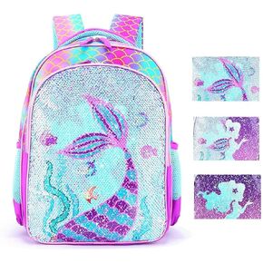 Reversible Sequin School Backpack Lightweight Little Kid Boys Girls Book Bag for Preschool Kindergarten Elementary(15",Mermaid)