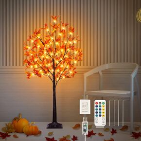 2 Pack 4Ft Lighted Maple Tree Thanksgiving Fall Decor, 60 LED Warm White Dimmable Timing Prelit Artificial Tree with 8 Flashing Modes for Indoor Outdoor Autumn Harvest Thanksgiving Halloween Decor