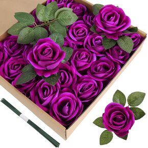 25PCS Artificial Roses Velvet Roses Artificial Flowers Real Look Silk Flowers with Stems for DIY Wedding Party Baby Shower Home Decoration(Burgundy)
