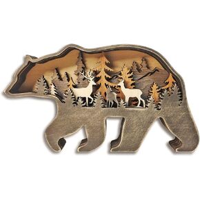 MACLARONX Wood Bear Art Decor Multi-layer Brown Bear Figurine Rustic Home Shelf Desktop Decorations Creative Wild Animal Cutout Silhouette Crafts