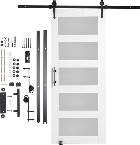 VEVOR باب الحظيرة الزجاجي مقاس 32 × 84 بوصة مع مجموعة أدوات باب منزلق بطول 6 أقدام متضمنة، 5 زجاج بلوري، خشب صلب مقاوم للماء ومقاوم للخدش، تجميع سهل الحفر مسبقًا بمقبض ودليل أرضي، أبيض in Kuwait