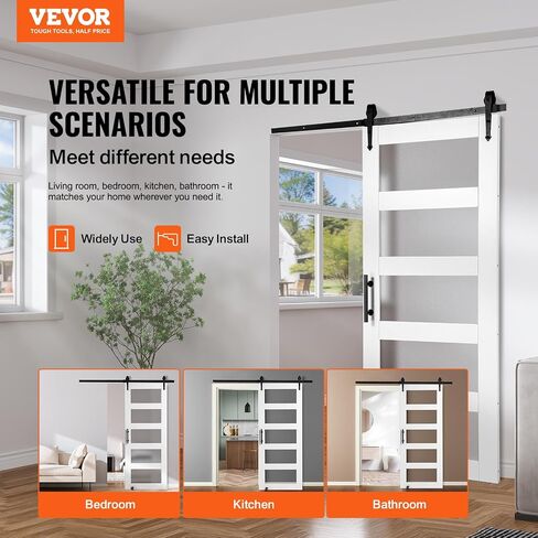 VEVOR باب الحظيرة الزجاجي مقاس 32 × 84 بوصة مع مجموعة أدوات باب منزلق بطول 6 أقدام متضمنة، 5 زجاج بلوري، خشب صلب مقاوم للماء ومقاوم للخدش، تجميع سهل الحفر مسبقًا بمقبض ودليل أرضي، أبيض in Kuwait