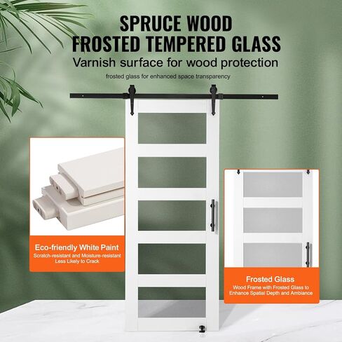 VEVOR باب الحظيرة الزجاجي مقاس 32 × 84 بوصة مع مجموعة أدوات باب منزلق بطول 6 أقدام متضمنة، 5 زجاج بلوري، خشب صلب مقاوم للماء ومقاوم للخدش، تجميع سهل الحفر مسبقًا بمقبض ودليل أرضي، أبيض in Kuwait