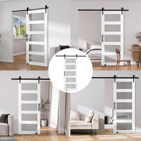 VEVOR باب الحظيرة الزجاجي مقاس 32 × 84 بوصة مع مجموعة أدوات باب منزلق بطول 6 أقدام متضمنة، 5 زجاج بلوري، خشب صلب مقاوم للماء ومقاوم للخدش، تجميع سهل الحفر مسبقًا بمقبض ودليل أرضي، أبيض in Kuwait