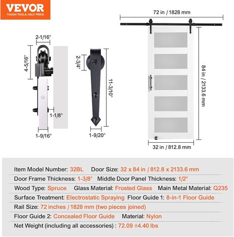 VEVOR باب الحظيرة الزجاجي مقاس 32 × 84 بوصة مع مجموعة أدوات باب منزلق بطول 6 أقدام متضمنة، 5 زجاج بلوري، خشب صلب مقاوم للماء ومقاوم للخدش، تجميع سهل الحفر مسبقًا بمقبض ودليل أرضي، أبيض in Kuwait