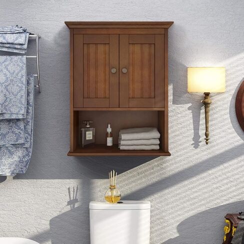 Treocho Wood Wall Cabinet, Bathroom Medicine Cabinet Storage with Doors and Adjustable Shelf, Rustic Cabinet Wall Mounted for Bathroom, Livingroom, Kitchen, Cupboard, Reddish Brown in Saudi Arabia