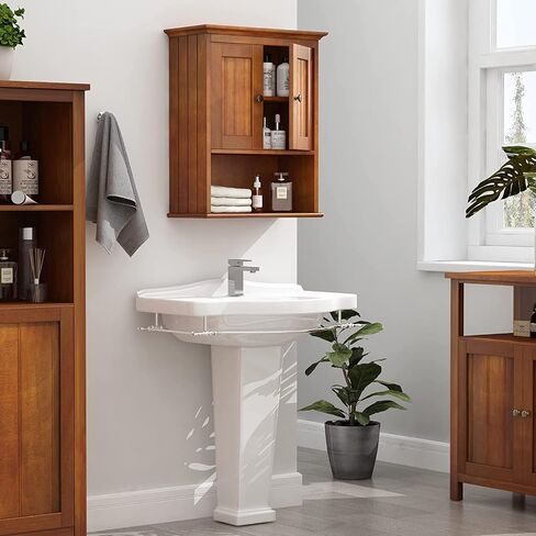 Treocho Wood Wall Cabinet, Bathroom Medicine Cabinet Storage with Doors and Adjustable Shelf, Rustic Cabinet Wall Mounted for Bathroom, Livingroom, Kitchen, Cupboard, Reddish Brown in Saudi Arabia